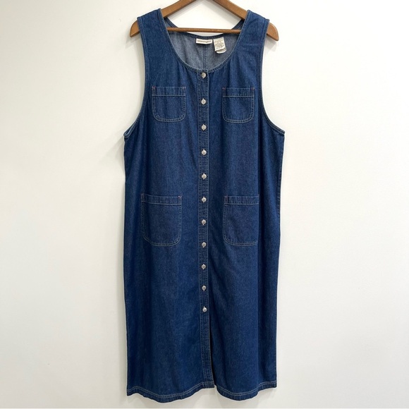 Vintage Dresses & Skirts - Vintage 90’s Y2K denim button front maxi jumper dress pockets sleeveless 1X